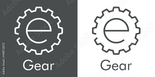 Logotipo palabra Gear con letra inicial e en silueta de engranaje con lineas en fondo gris y fondo blanco