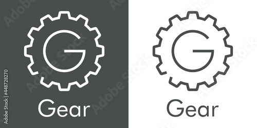 Logotipo palabra Gear con letra inicial G en silueta de engranaje con lineas en fondo gris y fondo blanco