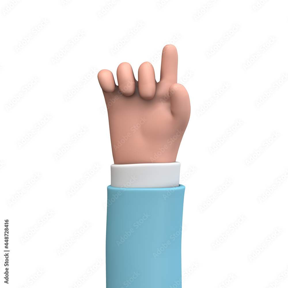 Cartoon 3D hand showing number 1 with fingers. 3D Rendering.