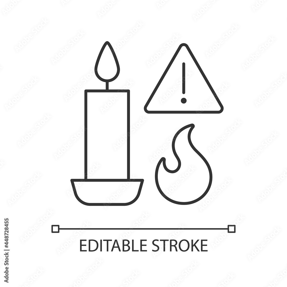 Fire danger from candles linear manual label icon. Fire hazard. Thin line customizable illustration. Contour symbol. Vector isolated outline drawing for product use instructions. Editable stroke Fire danger from candles linear manual label icon. Fire hazard. Thin line customizable illustration. Contour symbol. Vector isolated outline drawing for product use instructions. Editable stroke