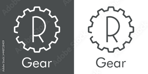 Logotipo palabra Gear con letra inicial R en silueta de engranaje con lineas en fondo gris y fondo blanco