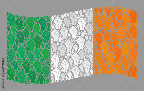 Mosaic waving Ireland flag constructed of riot hand icons. Revolution hand vector mosaic waving Ireland flag organized for boxing wallpapers. Designed for political or patriotic agitprop.