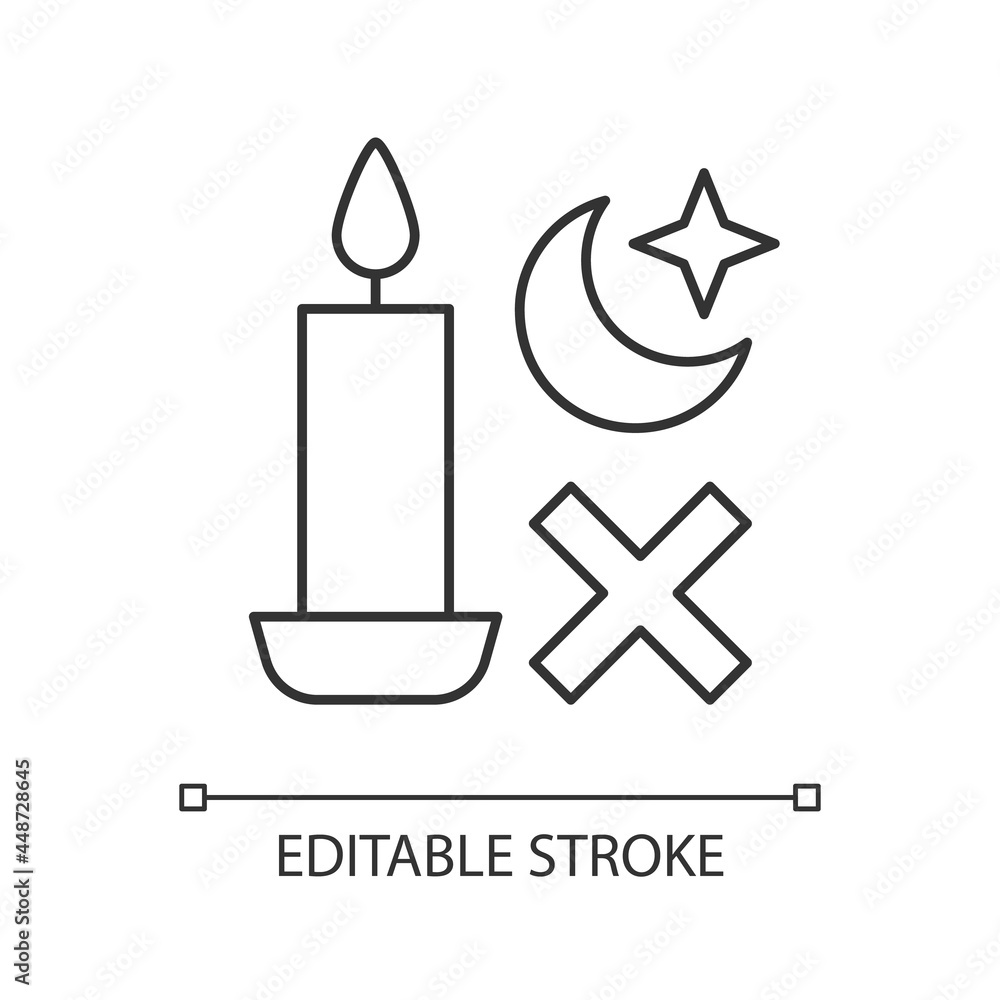 Fototapeta premium Never use candle while sleeping linear manual label icon. Thin line customizable illustration. Contour symbol. Vector isolated outline drawing for product use instructions. Editable stroke
