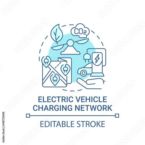 Electric vehicle charging network blue concept icon. Fuel abolition abstract idea thin line illustration. Electric station for vehicle recharging.Vector isolated outline color drawing. Editable stroke