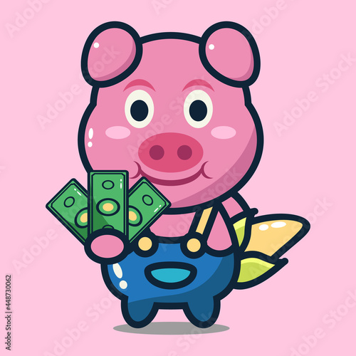 
vector illustration of cute pig holding money and corn