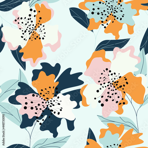 Abstract floral print. Beautiful flowers seamless pattern. Flat vector illustration. Interior design, fabrics, fashion, packaging.