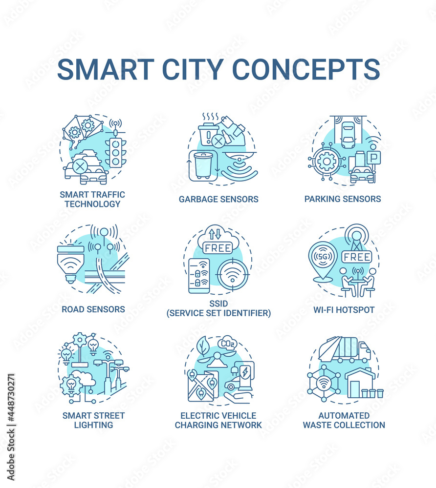 Smart city blue concept icons set. Smart system idea thin line blue illustrations. Sensors for road, transport and garbage control. Energy management. Vector isolated outline drawings. Editable stroke
