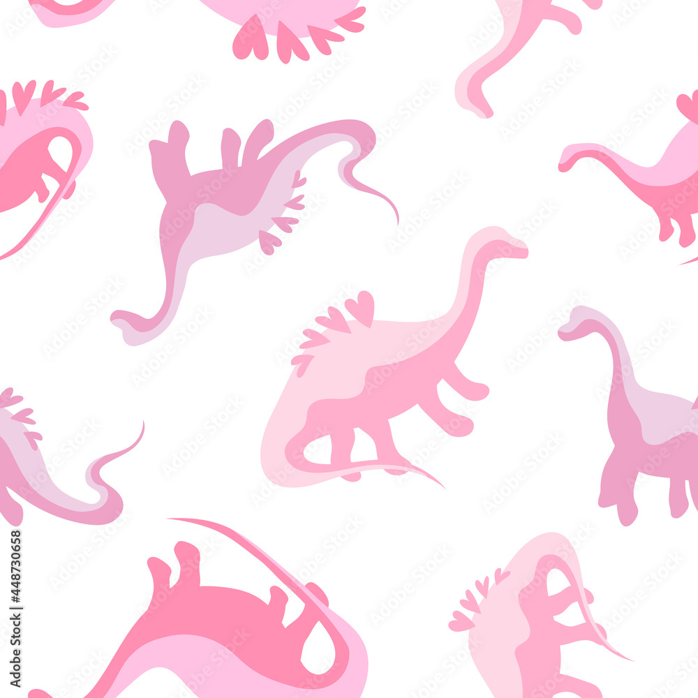 Cute seamless girly dinosaur pattern with hearts on their backs. Children's print with pink dinosaurs, baby pattern for fabric, for textiles, for paper, for nursery decorating. Jurassic cute texture