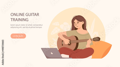 Learning, online education, training to play guitar, music lessons. Girl watching video lesson on laptop screen and playing guitar. Creative hobby, leisure activity. Flat cartoon vector illustration