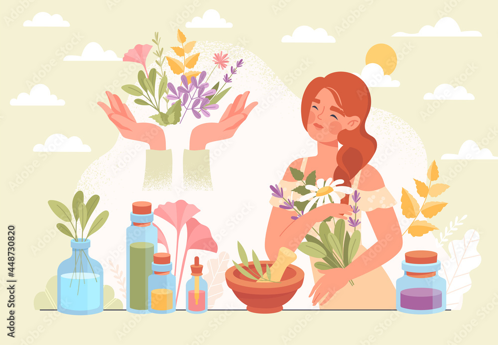 Herbal medicine and homeopathy healthcare and health treatment concept. Using healing power of nature plants and flowers. Organic cure and aromatherapy. Flat cartoon vector illustration Herbal medicine and homeopathy healthcare and health treatment concept. Using healing power of nature plants and flowers. Organic cure and aromatherapy. Flat cartoon vector illustration