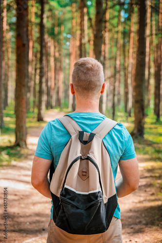 A young man with a backpack walks through a pine summer forest