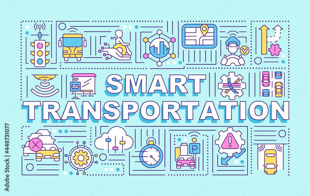 Smart transportation word concepts banner. Traffic management. Infographics with linear icons on blue background. Isolated creative typography. Vector outline color illustration with text