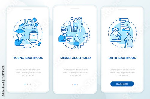 Adult life cycle onboarding mobile app page screen. Personal realisation walkthrough 3 steps graphic instructions with concepts. UI, UX, GUI vector template with linear color illustrations