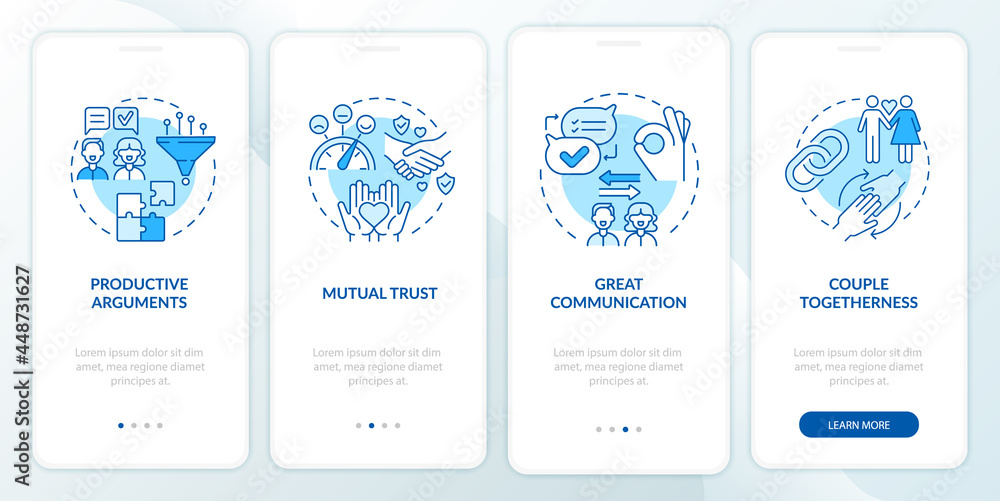 Great communication onboarding mobile app page screen. Couple togetherness walkthrough 4 steps graphic instructions with concepts. UI, UX, GUI vector template with linear color illustrations