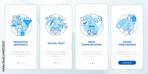 Great communication onboarding mobile app page screen. Couple togetherness walkthrough 4 steps graphic instructions with concepts. UI, UX, GUI vector template with linear color illustrations