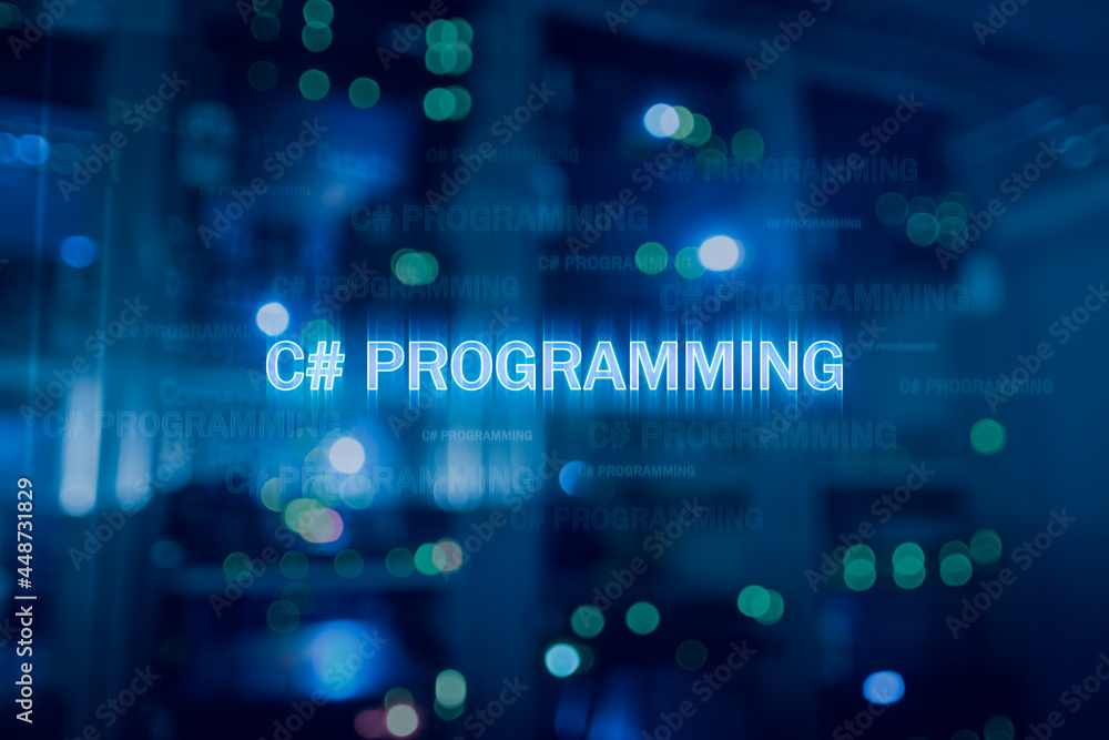 C sharp programming language and server room background. C# programming. 