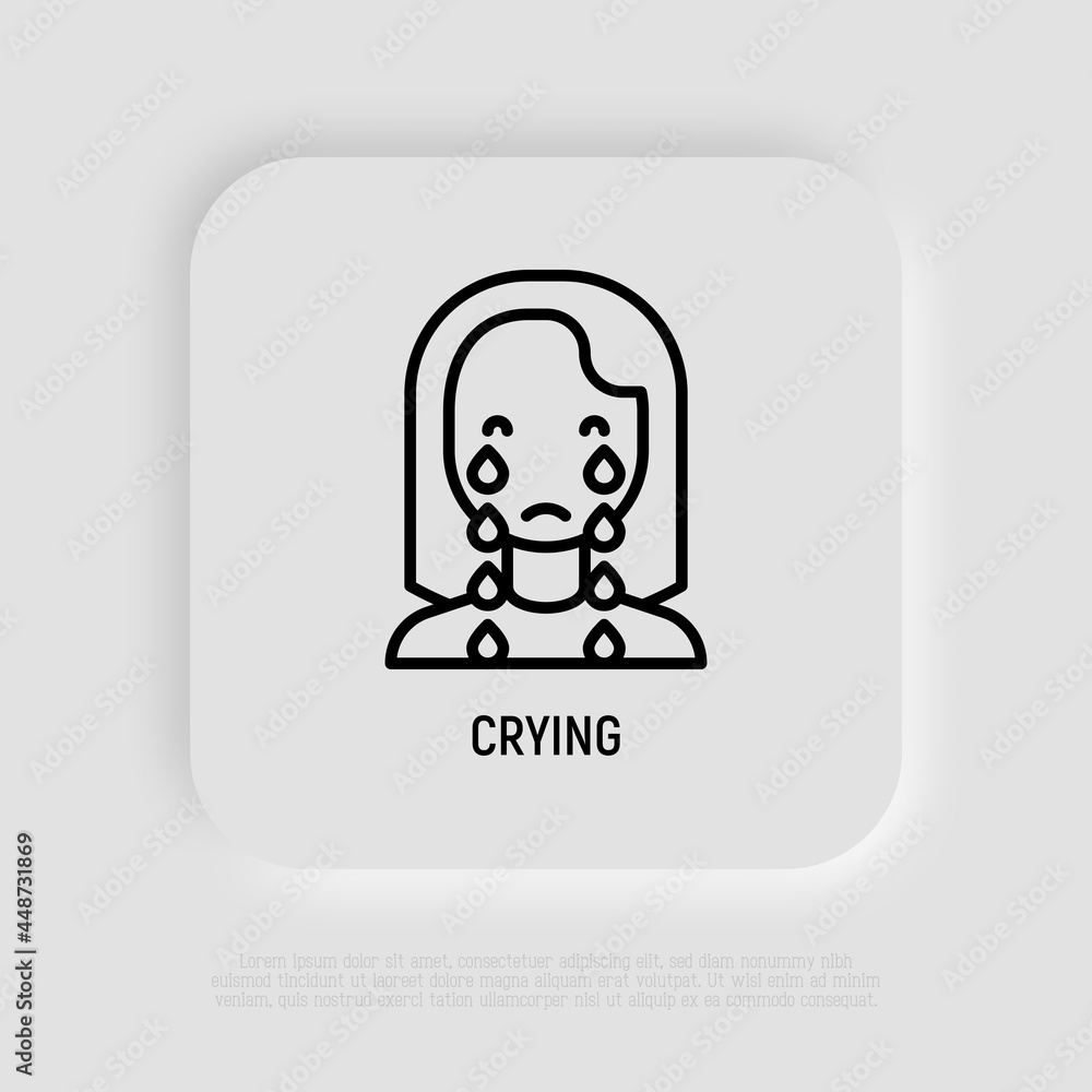 Crying woman thin line icon. Emotional stress, PMS, sadness, depression, negative emotion. Vector illustration. Crying woman thin line icon. Emotional stress, PMS, sadness, depression, negative emotion. Vector illustration.