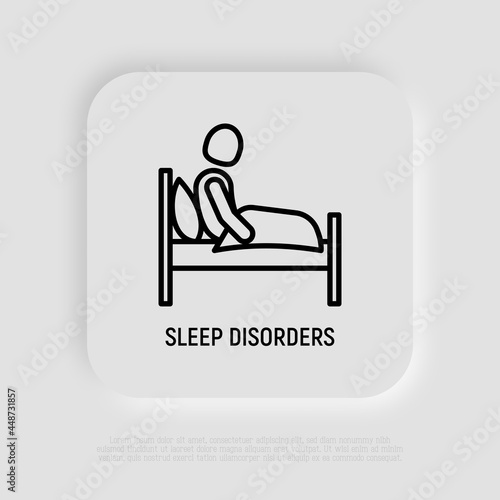 Insomnia thin line icon: sleep disorders, tired man sitting in his bed. Depression, sleepless, anxiety. Vector illustration.