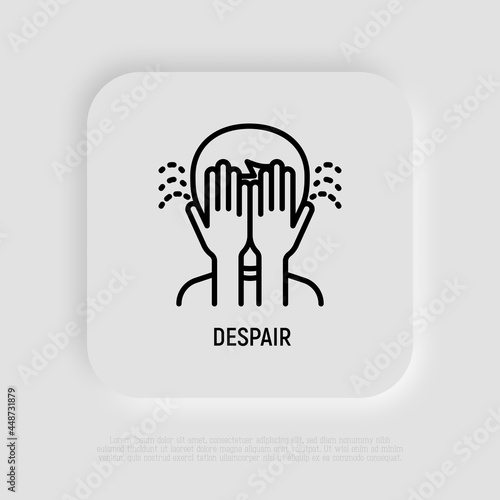 Despair thin line icon: man closed his face by hands. Frustration, loneliness, panic attack. Vector illustration of negative emotion, depression, anxiety.