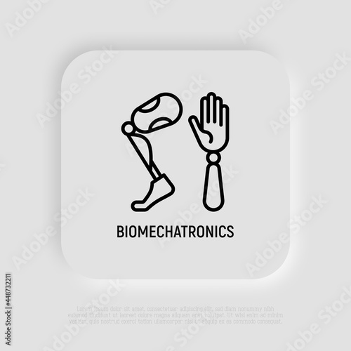 Bionics, biomechatronics thin line icon, prothesis of hand and leg for disabled people. Modern vector illustration.