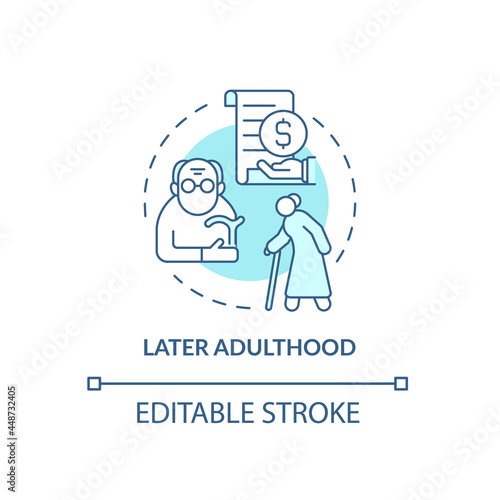 Later adulthood period concept icon. Aging problem. Life meaning understanding. Retirement and senior years abstract idea thin line illustration. Vector isolated outline color drawing. Editable stroke