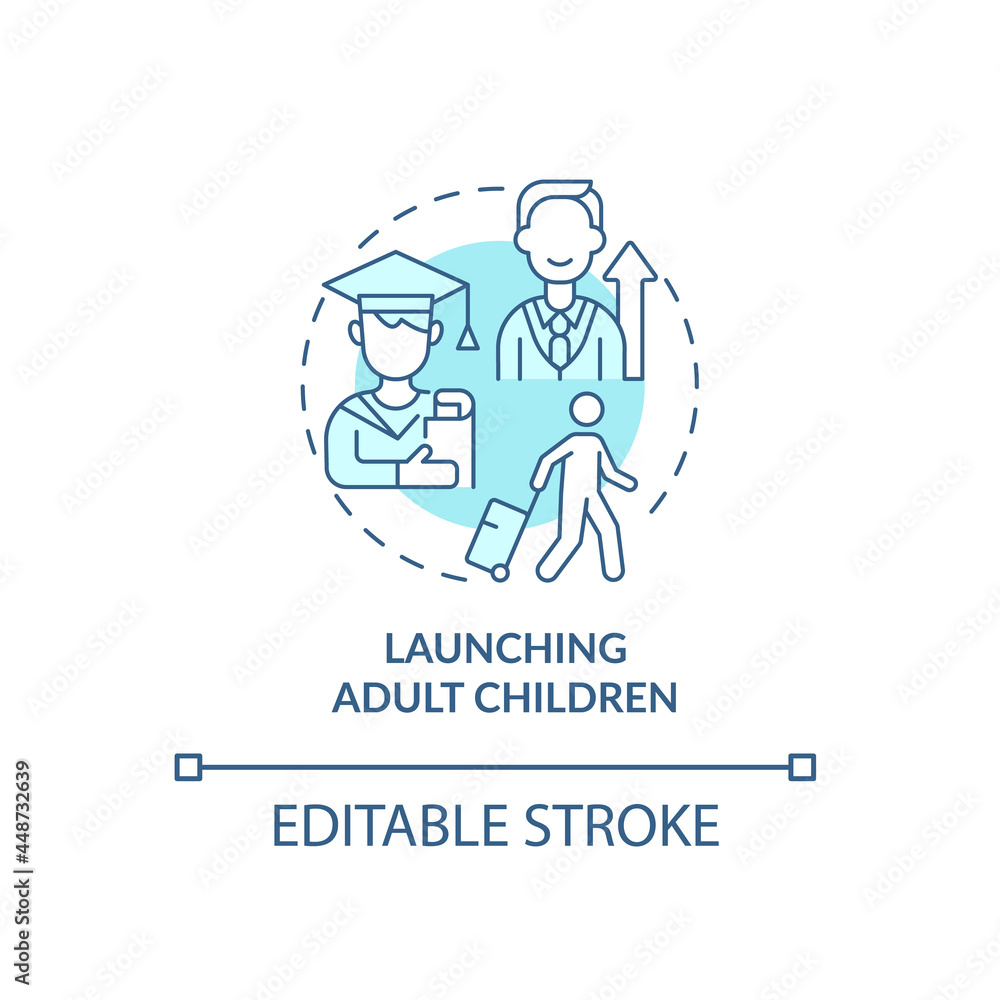 Launching adult children problem concept icon. Parenting help and support. Family life cycle abstract idea thin line illustration. Vector isolated outline color drawing. Editable stroke Launching adult children problem concept icon. Parenting help and support. Family life cycle abstract idea thin line illustration. Vector isolated outline color drawing. Editable stroke