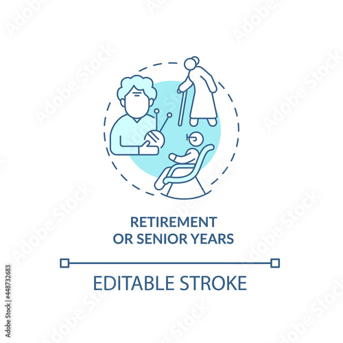 Later adulthood problem concept icon. Summing up life results. Retirement or senior years abstract idea thin line illustration. Vector isolated outline color drawing. Editable stroke