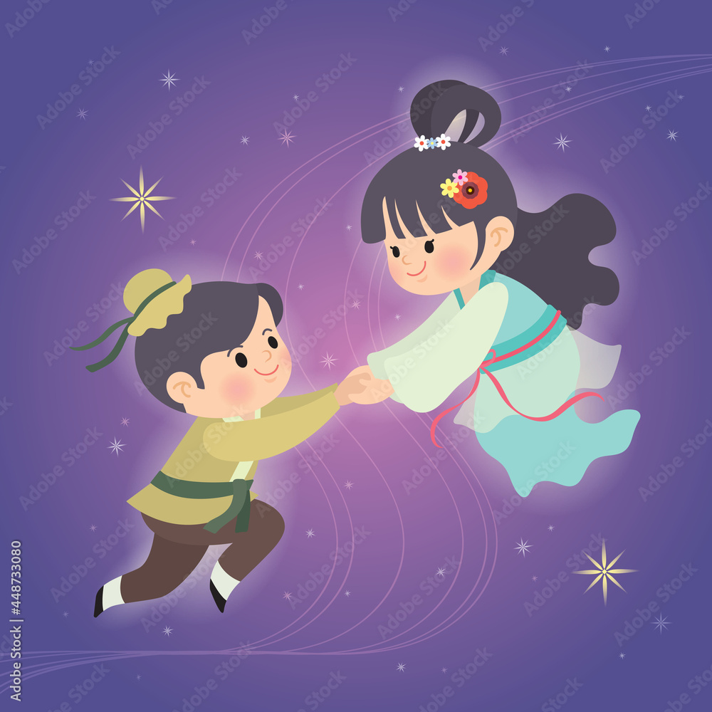Cartoon cowherd and weaver girl with milky way starry background. Qixi Festival or Tanabata festival. Cute chibi Vega and Altair flat design. Chinese mythology vector illustration. Cartoon cowherd and weaver girl with milky way starry background. Qixi Festival or Tanabata festival. Cute chibi Vega and Altair flat design. Chinese mythology vector illustration.