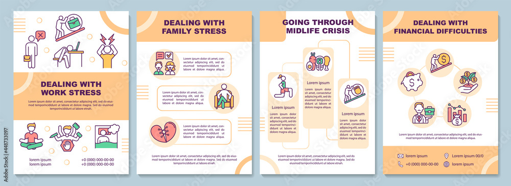 Dealing with work stress brochure template. Burnout. Flyer, booklet, leaflet print, cover design with linear icons. Vector layouts for presentation, annual reports, advertisement pages