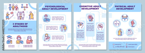 Adulthood development brochure template. Stages of maturity. Flyer, booklet, leaflet print, cover design with linear icons. Vector layouts for presentation, annual reports, advertisement pages