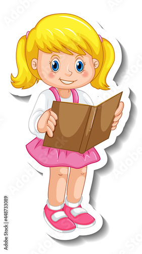 Sticker template with a girl cartoon character isolated
