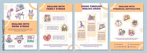 Dealing with work stress brochure template. Burnout. Flyer, booklet, leaflet print, cover design with linear icons. Vector layouts for presentation, annual reports, advertisement pages