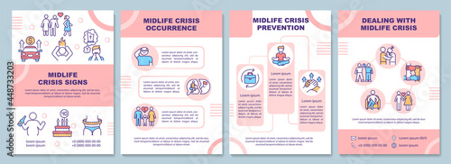 Midlife crisis signs brochure template. Occurrence and prevention. Flyer, booklet, leaflet print, cover design with linear icons. Vector layouts for presentation, annual reports, advertisement pages