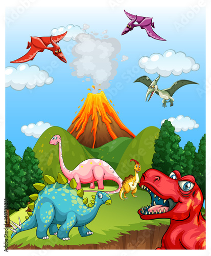 Prehistoric landscape scene with various dinosaurs