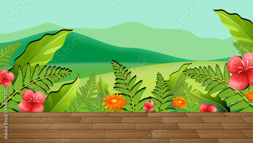 Hibiscus flower and leaves with mountain backdrop