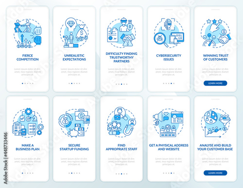 Startup launch blue onboarding mobile app page screen set. Starting business walkthrough 5 steps graphic instructions with concepts. UI, UX, GUI vector template with linear color illustrations