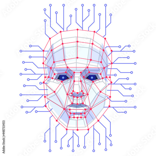 Facial Recognition System concept. Face ID verification services or biometric scanning. System of face recognition for person Identification. Vector illustration.