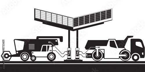 Agricultural and construction machinery at charging station – vector illustration