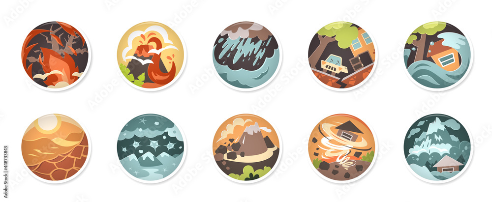 Natural disasters vector illustration set. Extreme weather conditions. Catastrophe, cataclysm. Flood, avalanche, hurricane. Natural disasters vector illustration set. Extreme weather conditions. Catastrophe, cataclysm. Flood, avalanche, hurricane.