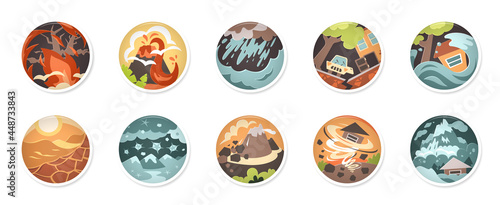 Natural disasters vector illustration set. Extreme weather conditions. Catastrophe, cataclysm. Flood, avalanche, hurricane.