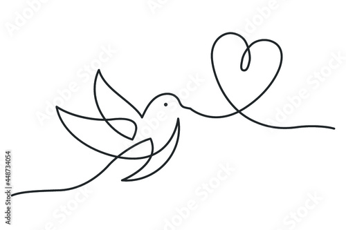 Continuous line drawing of bird carrying a heart. Bird flying with heart. Vector illustration