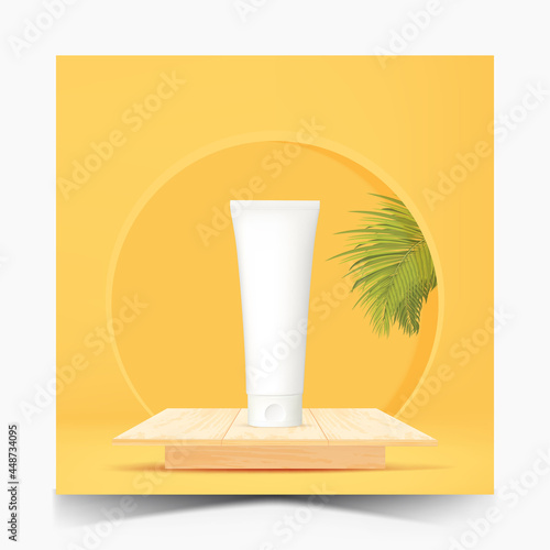 3d minimal geometric podium with wooden table.