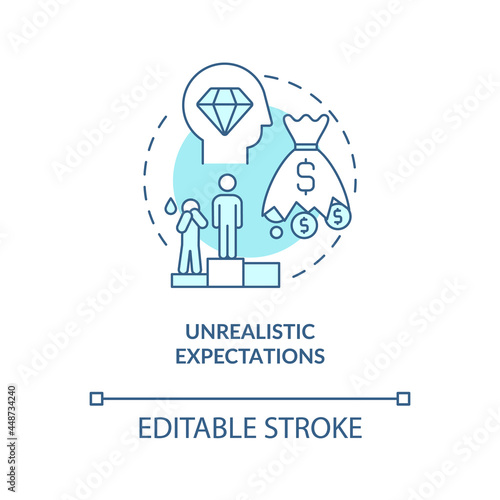 Unrealistic expectation blue concept icon. Problem of starting company. Startup launch challenges abstract idea thin line illustration. Vector isolated outline color drawing. Editable stroke