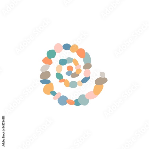 Colorful pebbles arranged in a spiral on white background for logo and marine design. Vector illustration