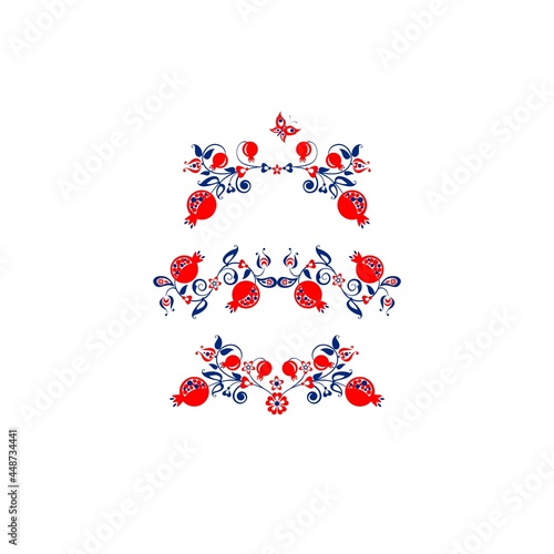 Floral ethnic ornamental headers with abstract pomegranate tree, fruit and flowers for book title, greeting card, wedding invitation, fashion embroidery and Nowruz celebration
