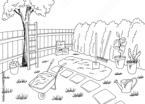 Work in garden yard graphic black white landscape sketch illustration vector