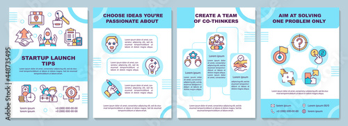 Startup launch tips brochure template. Create a team. Choose idea. Flyer, booklet, leaflet print, cover design with linear icons. Vector layouts for presentation, annual reports, advertisement pages