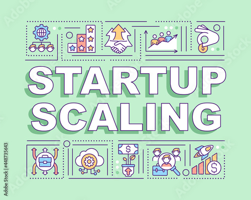 Startup scaling word concepts banner. Business development. Infographics with linear icons on mint background. Isolated creative typography. Vector outline color illustration with text