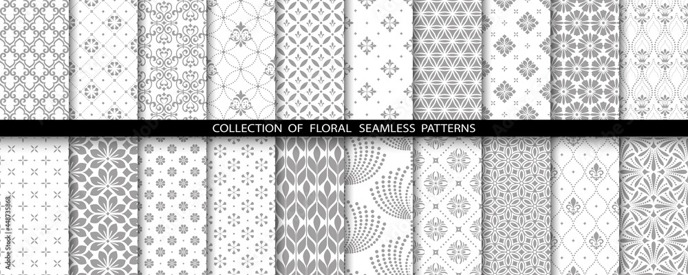 Geometric floral set of seamless patterns. Gray and white vector backgrounds. Simple illustrations.