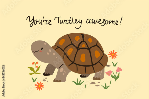 Postcard with a cute turtle. Vector graphics.